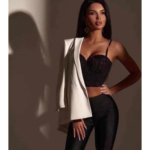 Top Quality Celebrity Fashion Two Pieces Set Black White Rayon Bandage Pants Fashion Bodycon Outfits
