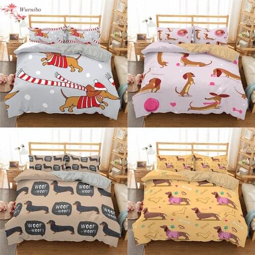 Homesky Dachshund Sausage Bedding Set Cartoon Puppy Duvet Cover Cute Dog Print King Queen 3pcs Bed Set Home Textiles