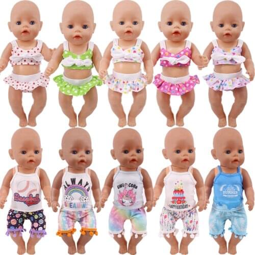 Doll Clothes 2 Pcs/Lot Swimsuit Love/Unicorn Print Bow Decoration For 43 Cm Reborn Baby Clothes 18 Inch American Doll Generation