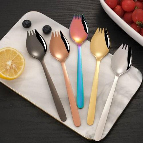 6 pieces of stainless steel 304 spork one spoon dual-purpose fruit salad spoon fork long handle instant noodle fork