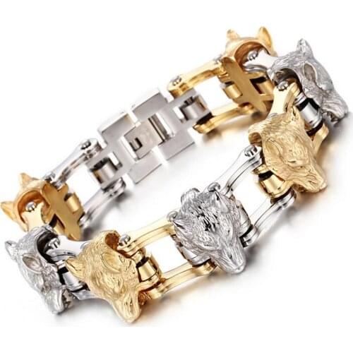 Punk Rock Viking Wolf Bracelet For Men Gold Stainless Steel Biker Bike Chain Animal Wolf Head Charm Bracelets & Bangles Jewelry