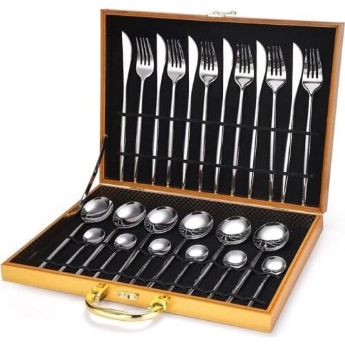 24Pcs/set 304 Stainless Steel Gold Dinnerware Set Black Dinner Knife Fork Spoon Cutlery Set Family Party Kitchen Tableware