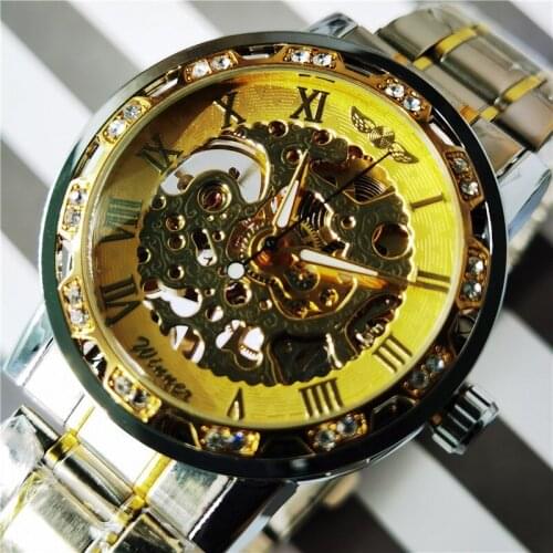 Winner Golden Watches Classic Rhinestone Clock Roman Analog Male Skeleton Clocks Stainless Steel Band Luminous Mechanical Watch