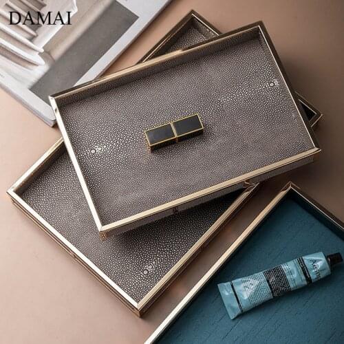 Stainless Steel Trays Decorative Leather Rectangle Tea Set Storage Tray Jewelry Cosmetic Display Plate Living Room Decoration