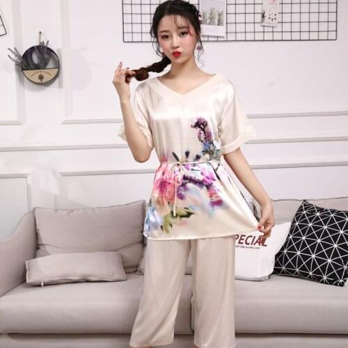 Casual Short Sleeve Nightwear 2-piece Suit Silk Plus Size Style Peacock Womens Pajamas Sets Home Wear Sleepwear Summer