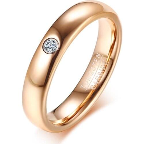 POYA 4MM Rose Gold Tungsten Ring for Women Wedding Band with Cubic Zircon Stone