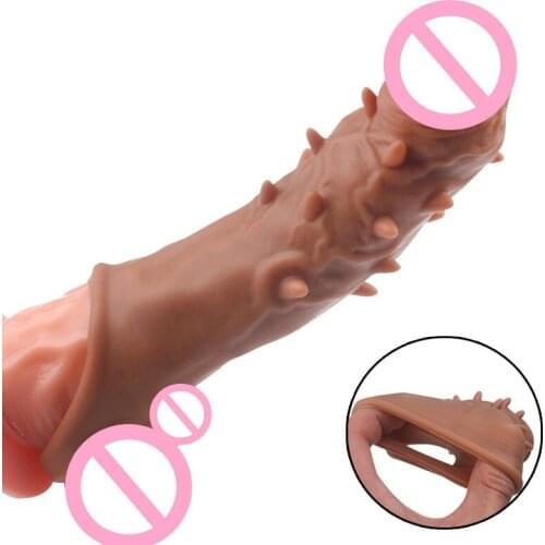 Silicone Reusable Condoms Penis Sleeve Extender for Men Penis Enlargement Spike Stimulation Condom With Solid Glans Delay Time