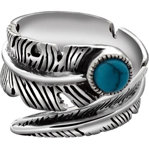 SA SILVERAGE Feather RING 925 Sterling Silver with Artificial Turquoise Leaves Thai Silver Luxury Jewelry 925 Sterling Silver