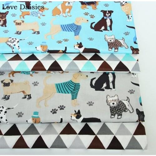 100% cotton twill cloth BLUE GRAY cartoon dogs footprint tri angle fabrics for DIY crib bedding pet cushions handwork home decor