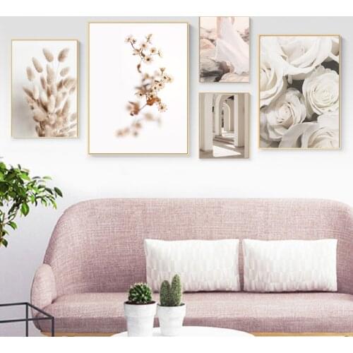 Nordic Modern White Skirt Female Beautiful Dried Flowers Plants Pampas Grass Canvas Painting Poster Wall Art Living Room Home De