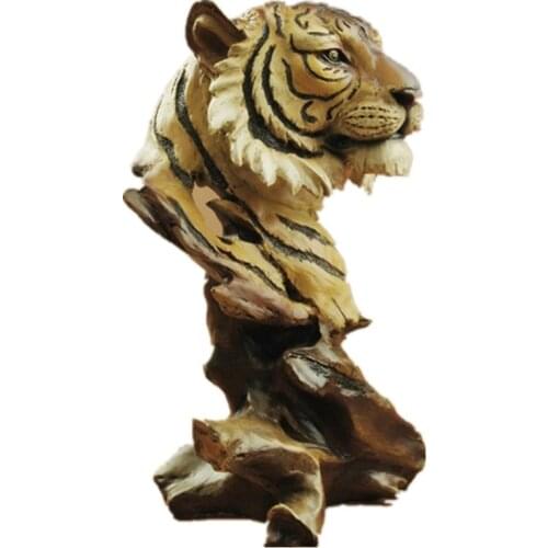 Faux Wood Tiger Head Statue Animal Decorative Figurine Resin Art&Craft Home Decoration R48