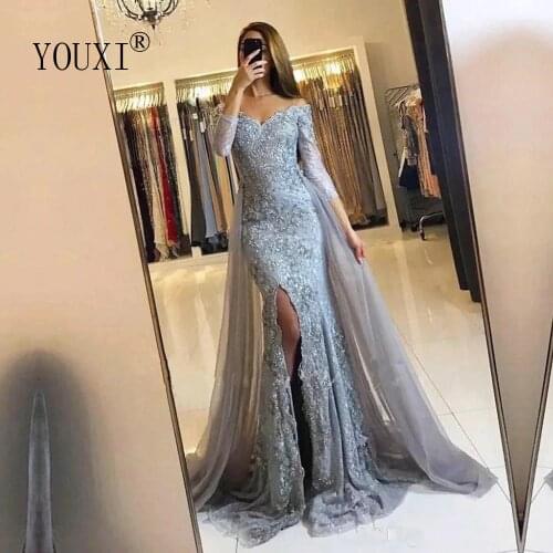 Evening Dresses Long Gorgeous Off Shoulder Mermaid SplitLace Appliqued Beads Formal Prom Gown Lebanon Robe De Soiree longue