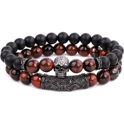 High quality 2pcs set natural stone tiger eye beads CZ skull charm elastic beaded bracelet set men