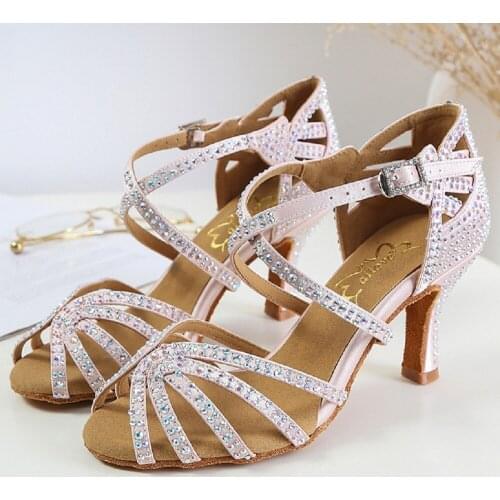 Ailove Crystal Ballroom Latin Dance Sandals Professional Salsa Swing Shoes Handmade with Satin ans Rhinestone S016