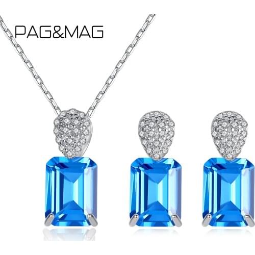 PAG&MAG 925 Sterling Silver Women Earrings Necklace With Square Blue Sapphire Gemstones Jewelry Set Lady Party Gift