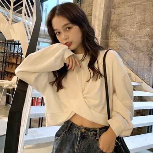 Womens Spring and Autumn Long Sleeve Irregular Round Neck Pullover Korean Harajuku Solid Color Top