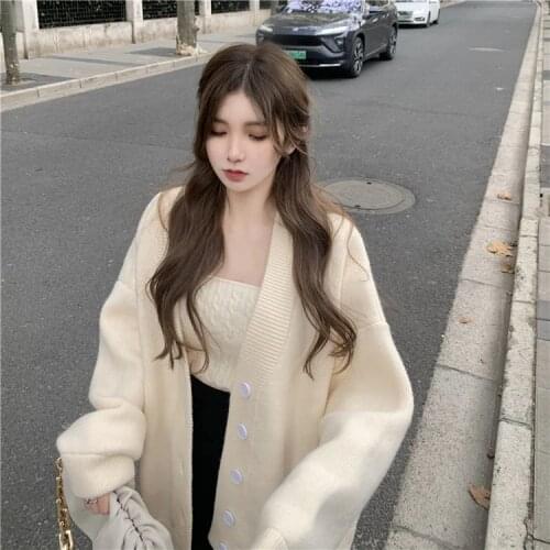 Women Fashion V Collar Loose Fit Sweater Jacket Femal Casual Thickened Cardigan Coat Autumn Winter Outwear Overclothes Sweet