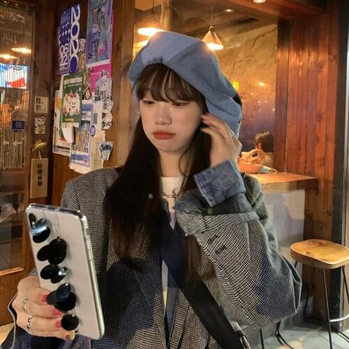 Women Autumn Oversized Denim Cotton Beret Cap Casual Lady Sweet Splicing Vintage Elegant Newsboy Artist Painter Beanie Gorros