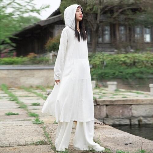 Aransue Cotton Linen Women Vestido Dark Black Chinese Style Hooded Dress Handsome Slim Sunscreen Robe,BXF658