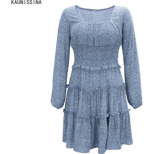 Women Printed Ruffle Spring Summer Dress Vintage Square Neck A Line Female Short Sundress Office Lady Work Daily Dresses