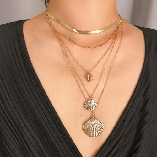 Boho Fashion Multi Layer Gold Color Crystal Ocean Seashell Pendant Beach Necklace for Women Snake Chain Choker Jewelry