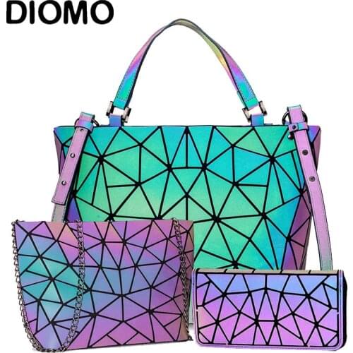 DIOMO Women Luminous Geometric Handbag Three-Piece Set Shoulder Bags Luxury Designer Female Crossbody Bag with Wallet for Ladies