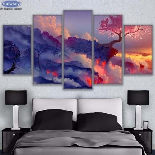 DIY 5D diamond embroidery cross stitch mosaic 5 pcs diamond painting Sakura Tree In Lava Volcano home decorative needlework