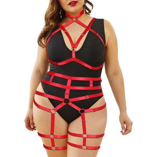 Goth Plus Size Lingerie Body Bondage Harness Underwear 2pcs/Set Women Intimates Sexy Hollow Out Waist Cage Belt Bra Garter Belt