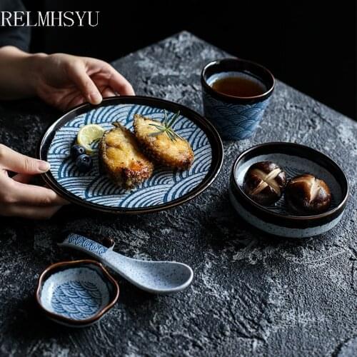 RELMHSYU Japanese Style Ceramic 5PCS Set Soup Spoon 4.5Inch Rice Bowl Round Food Dish Plate Household Tableware One Person Set