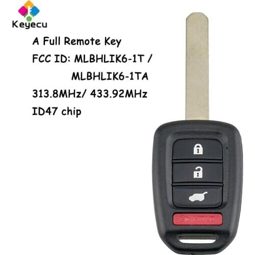 KEYECU Remote Car Key With 4 Buttons 313.8MHz/ 433.92MHz ID47 Chip - FOB for Honda CR-V 2013-2016, HR-V LX 2016-2019 MLBHLIK6-1T