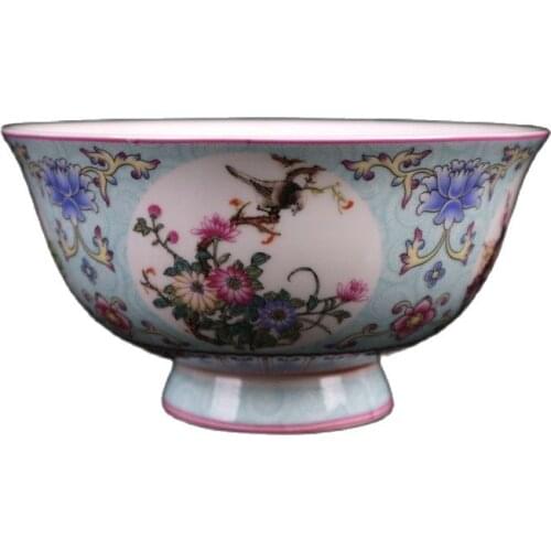 Chinese Old Porcelain Pink Bowl With Flower And Bird Pattern