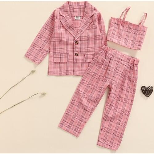 3Pcs Kids Girls Clothes Sets 2021 Autumn Plaid Long Sleeve Lapel Suit Tops + Pants + Ruched Camis Fashion Children Outfits 2-7Y