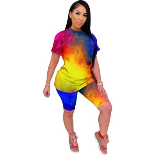 HAOOHU Tie Dye Two Piece Set Summer Clother for Women Tracksuit Matching Sets Top Biker Shorts Sweat Suits Lounge Wear Outfits
