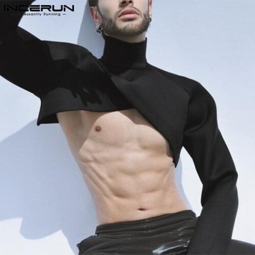 INCERUN Handsome Mens Crop Tops Long Sleeve High Collar Fashionable Cross-over Design Wear Zipper Shirts Bottoming Tops S-5XL
