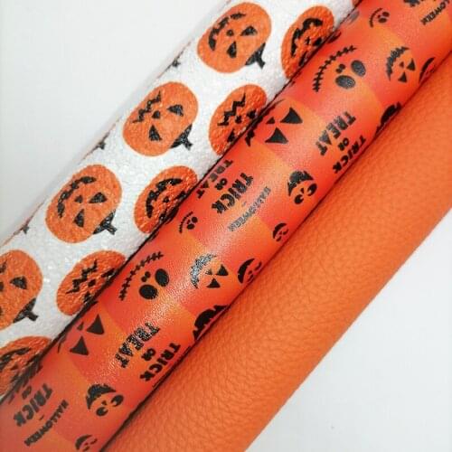 Orange Pumpkin Printed Chunky Glitter leather, Pumpkins Printed Faux Leather Litchi Vinyl Leather For Bow Earrings 21x29CM XM963