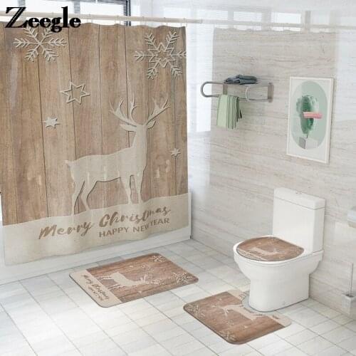 Christmas Bath Mat and Shower Curtain Set Flannel Toilet Seat Cover Mat Bathroom Floor Carpet Non-slip Shower Foot Mat
