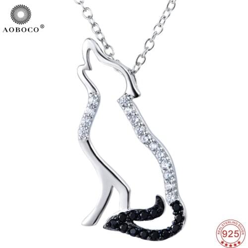 Genuine 925 Sterling Silver Animal Pendant Necklace Fashion Men Jewelry Black and White Cubic Zirconia Wolf Necklace GNX0004