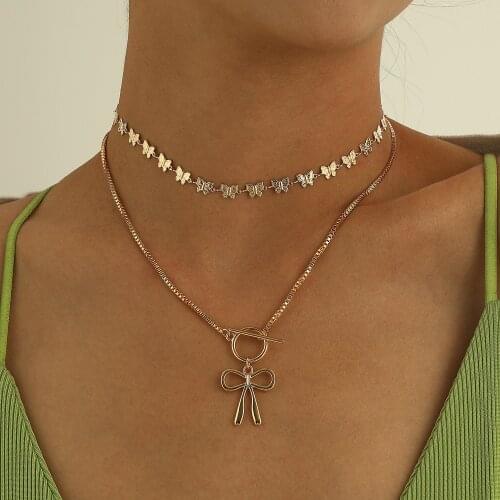 Bowknot Pendant Necklace for Women Alloy Butterflies Choker Layered Necklaces OT Buckle 2021 Fashion Jewelry New