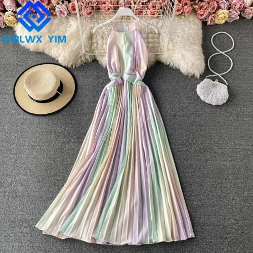 Sexy Spaghetti Strap Dress Women Fashion Patchwork Sleeveless Long Pleated Dress Female Elegant Party Dress Summer Dresses