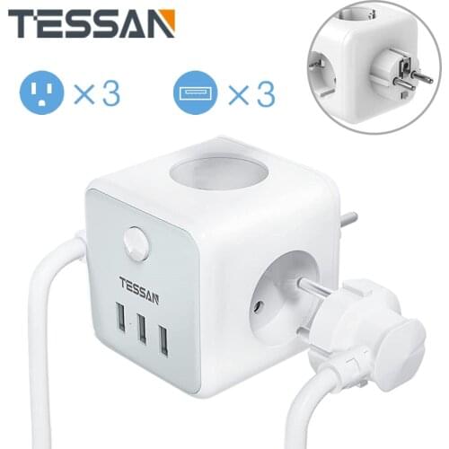 TESSAN EU Plug Socket EU Power Strip with 3 Outlets 3 USB Port On/Off Switch, 100-250V Power Socket Outlets Wall Charger Adapter