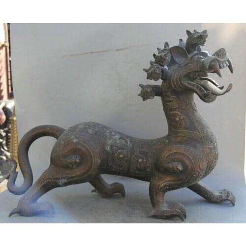 Song voge gem S1873 23" Chinese Bronze Folk animal nine Head Unicorn Beast Pi Xiu sculpture Statue