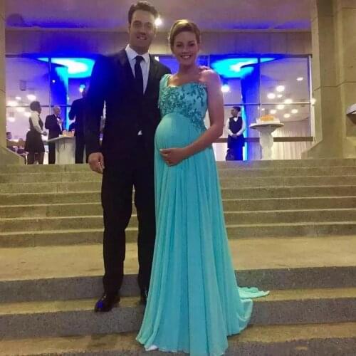 One Shoulder Maternity Evening Dresses Elegant Formal Party Gowns Beaded Crystal Applique Prom Dress Pregnant Women Special Occ