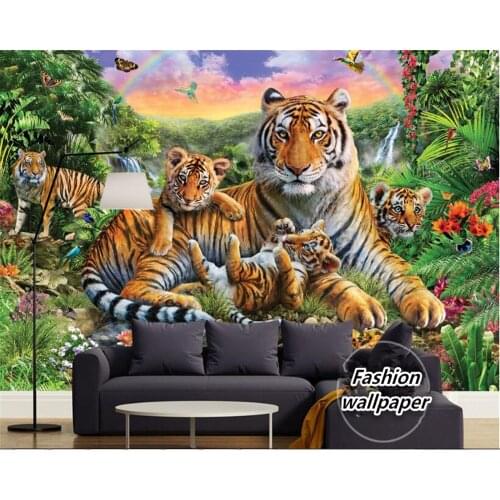 WELLYU Custom fashion wallpaper tropical rain forest animal tiger plant forest waterfall butterfly papel de parede wallpaper3D