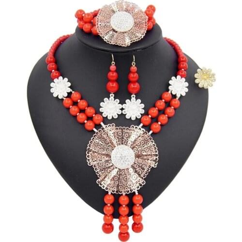 Yulaili Trendy Red Color Beads Pendant Necklace Crystal Dangle Earrings Bracelet Ring Wedding Bridal Dubai Gold Jewelry Sets