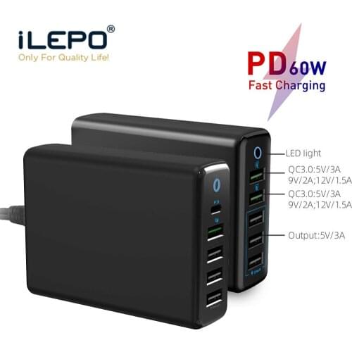 60W Charger For iPhone 11 12 USB C Charger 5 Ports QC3.0 Desktop Fast Charger Charging Travel 5 USB Charger Station For Huawei