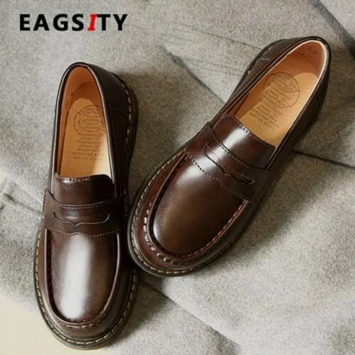 EAGSITY Penny loafers for women flats shoes round toe slip on thick sole work office ladies casual shoes