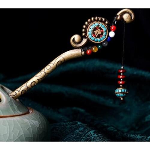 Vintage Handmade Alloy Ethnic Hair Sticks For Women Semi-precious Stones Nepal Beads Hairpins Headpiece Hair Jewelry Accessories