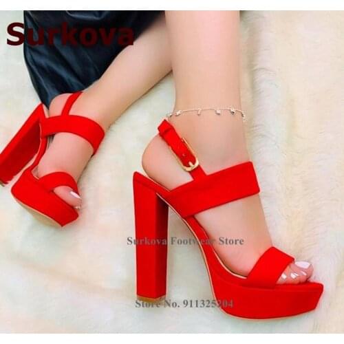 Surkova Red Hot Pink Suede Chunky Heel Sandals Women High Platform Buckle Strap Dress Shoes Sky High Heel Gladiator Wedding Pump
