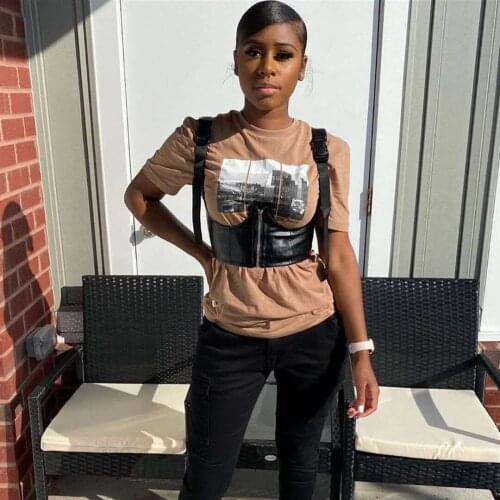 Womens Vest Camisole Slim Tees Bag Buckles Pu Leather Zipper Under Bust Corset Sleeveless Motorcycle Crop Tops Bandage