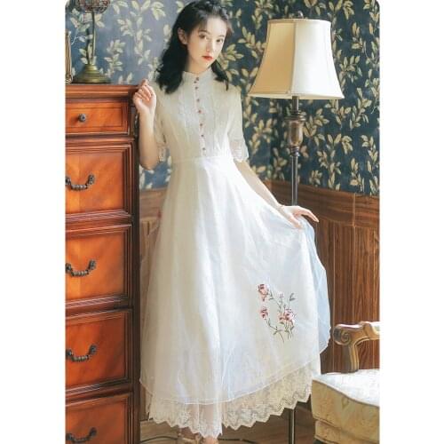 Summer Women Oriental Beauty Lace Embroidered Dress Lace Stitching Summer Chic Net Yarn Lily Printed Dress Retro